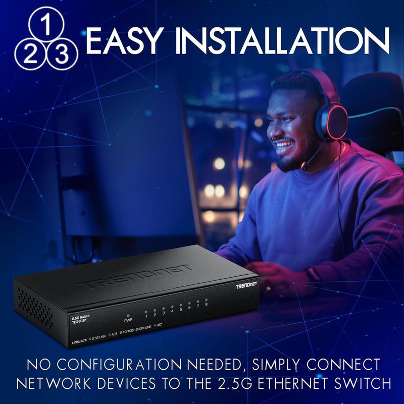 Trendnet 8-Port 2.5Gb Switch, TEG-S381, 8 x 2.5G RJ45 Ports, 40Gbps Switching Capacity, NDAA + TAA Compliant, Ethernet Splitter, for Game Console, NAS, PC, Lifetime Protection - Image 3